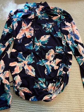 Carve Designs Navy Floral Zip-Front Swim Coverup with Teal & Pink Accents